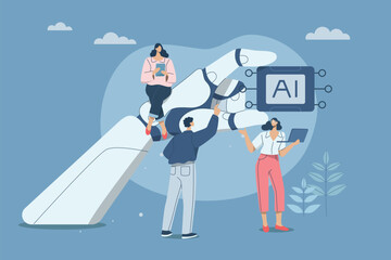 Robot hand holds artificial intelligence chip, Cybernetic technology concepts that support business success, Personnel in the company work with AI technology. Vector design illustration.