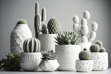 Stylish collection of various cacti and succulents in white pots against a gray background