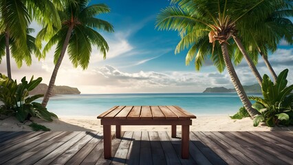 Fototapeta premium wooden table with palm leaves and a blurred background of the sea and sky at a tropical beach. caribbean coast