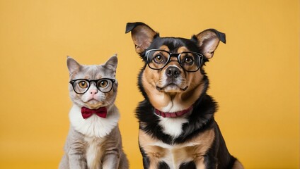 Cat and dog standing in front of yellow background wearing glasses posing cute