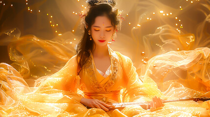 琵琶を愛でる金色に輝く弁財天 - Golden Benzaiten appreciating a biwa generative AI