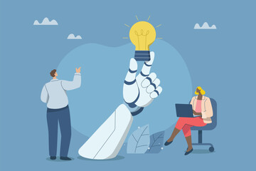 Collaboration of personnel with artificial intelligence or AI, Promoting ideas and creativity, Innovative new product development, Business team working with a robot hand that holds a light bulb.