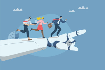 Collaboration of personnel with artificial intelligence, Setting goals to improve company growth with the support of AI, New innovative concept, Business team runs up on robot hand pointing upwards.