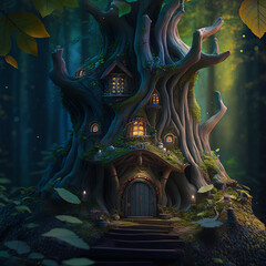 Fototapeta premium Magical illustration of a treehouse with glowing windows nestled in a dark, mystical forest
