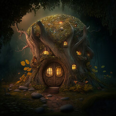Magical illustration of a treehouse with glowing windows nestled in a dark, mystical forest