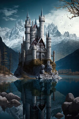 Enchanted fairytale castle nestled by a serene mountain lake amidst autumn foliage