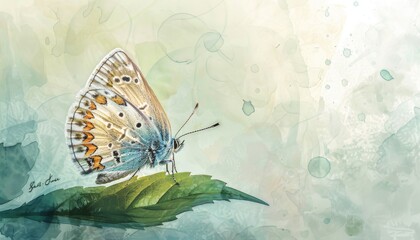 Obraz premium Delicate butterfly on green leaf, watercolor painting.