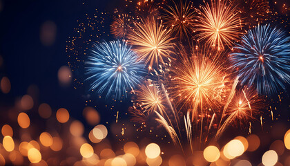 Obraz premium Dark blue night with fireworks, floating golden, orange, red, blue shiny sparks and bokeh lights background. Canada, Victoria's Day, July 4th, Christmas, New Year's Eve celebration party holiday.