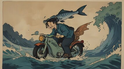 Japanese woodblock print of  A fish riding a bicycle