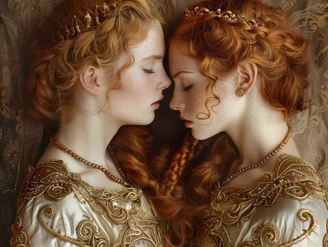 Two gemini zodiac sign girls in medieval dresses