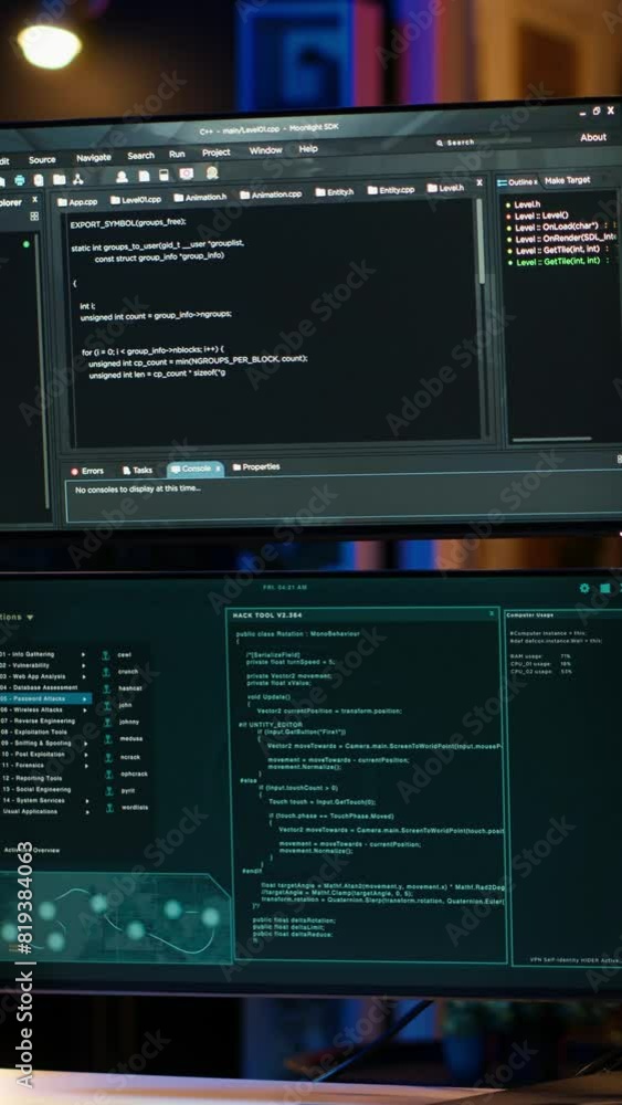 Poster vertical video close up of dangerous hacking lines of code running on computer monitors in criminal 