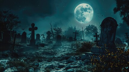  The moon shining on a haunted graveyard. Halloween background concept.