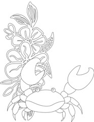 Crab and A Floral Vine Coloring Page. Printable Coloring Worksheet for Adults and Kids. Educational Resources for School and Preschool.