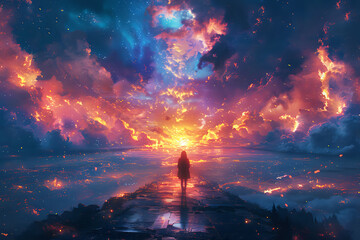 Person standing on a pathway at sunset with a vibrant sky.

Dreamlike image of a person standing on a pathway, gazing at a vibrant and colorful sunset sky, perfect for fantasy themes, inspirational pr - Powered by Adobe
