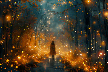 Person walking through an enchanted forest with glowing lights.

Dreamlike image of a person walking through an enchanted forest filled with glowing lights, perfect for fantasy themes, magical 