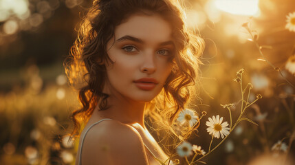 Woman Standing in Field of Daisies