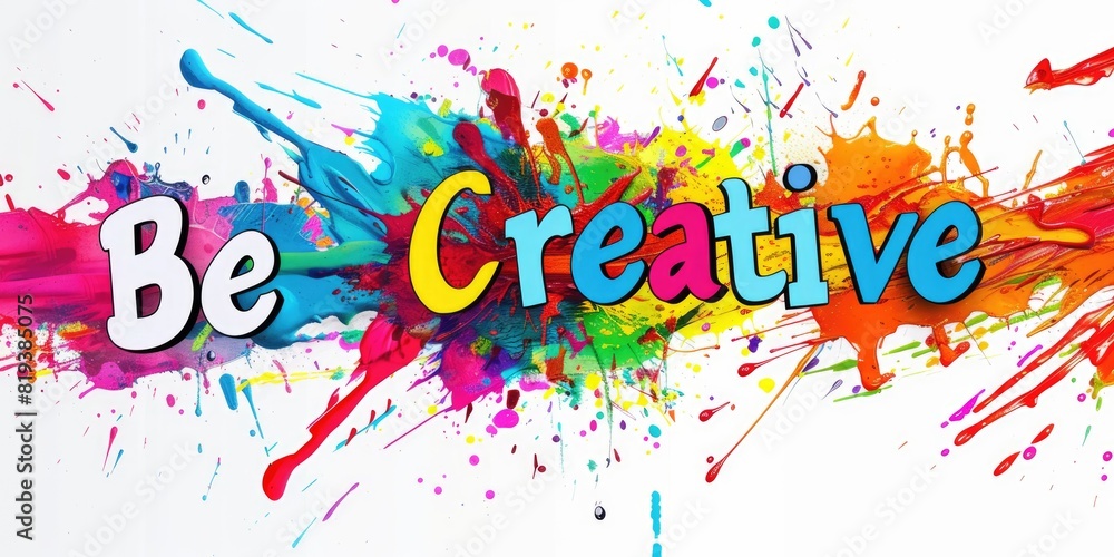 Poster letter of be creative in variant texture with splashing or stained colorful color with white backgro