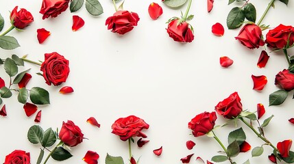 Top view of red roses in the corners on a white background