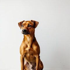 Enthusiast photo of a cute brown dog sitting sideways and looking contentedly at the camera against a white background 