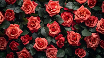 Fototapeta premium Red Roses And Green Leaves Top View Plant Flower