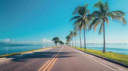 A beautiful seaside road with bike lanes, palm trees, and the horizon stretching far into the distance over calm waters.