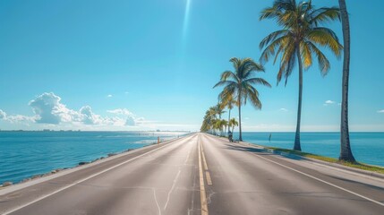 A beautiful seaside road with bike lanes, palm trees, and the horizon stretching far into the distance over calm waters.