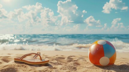 Obraz premium Close-up of a beach ball and a pair of sandals on the sandy beach, ocean waves in the distance