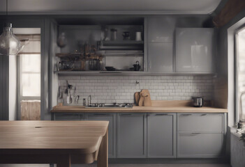 Gray and wooden kitchen with cupboards close up