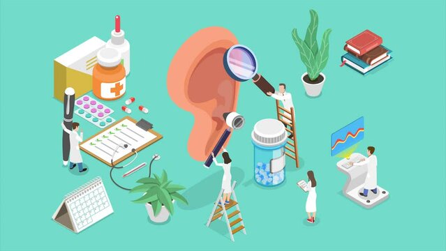 3D Isometric animation in 4K UHD 3840x2160 of Audiology, Deafness and Hearing Loss Treatment.