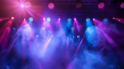 Obraz premium A concert stage background with bright spotlights, an LED display with captivating graphics, and smoke machines adding depth.