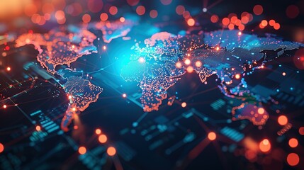 Abstract world map symbolizing global network and connectivity, international data transfer, cyber technology, worldwide business, information exchange, and telecommunication.