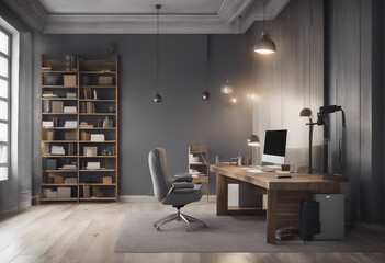Gray and wooden luxury office interior blank mock up
