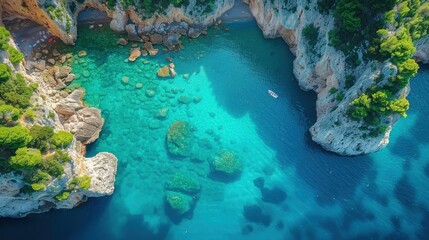 Drone view of the crystal-clear waters and cliffs of the Blue Grotto in Capri