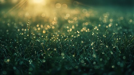 A field of grass covered in morning dew, with close-up focus on the droplets catching the first light of day.