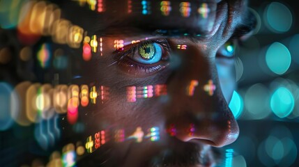 Close-up shot of a cybersecurity analysts focused eyes reflecting multi-colored digital codes