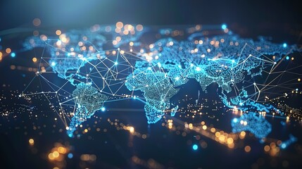 Obraz premium Abstract world map symbolizing global network and connectivity, international data transfer, cyber technology, worldwide business, information exchange, and telecommunication.