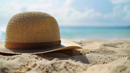 Close-up of a sun hat with a wide brim lying on the sand, with a glimpse of the sea and sky in the background