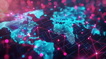 Abstract world map symbolizing global network and connectivity, international data transfer, cyber technology, worldwide business, information exchange, and telecommunication.