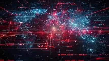 Fototapeta premium Abstract world map symbolizing global network and connectivity, international data transfer, cyber technology, worldwide business, information exchange, and telecommunication.