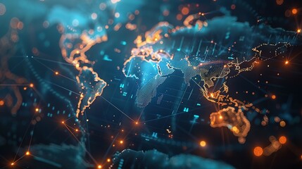 Abstract world map symbolizing global network and connectivity, international data transfer, cyber technology, worldwide business, information exchange, and telecommunication.