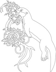 Otter and A Floral Vine Coloring Page. Printable Coloring Worksheet for Adults and Kids. Educational Resources for School and Preschool.