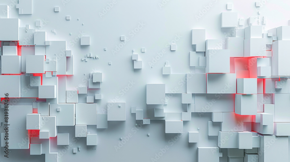 Poster a white background with red squares on it. the squares are arranged in a way that creates a sense of