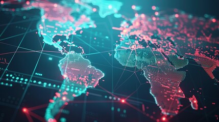 Obraz premium Abstract world map symbolizing global network and connectivity, international data transfer, cyber technology, worldwide business, information exchange, and telecommunication.