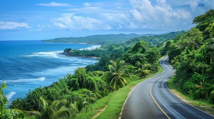 A scenic route along the ocean, with the road flanked by lush greenery on one side and the expansive sea on the other.