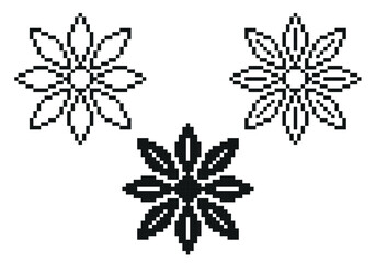 Flower icon set with pixelated texture isolated on white background. Nice old school icons for logo, video games, label or other design. Vector illustration. Not AI created.