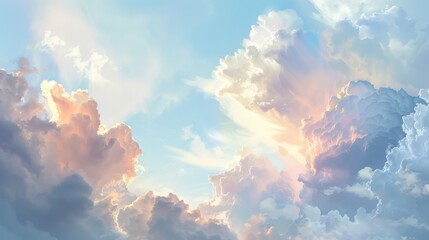 A serene morning sky painted in soft pastel colors, with the first rays of sunlight breaking through fluffy clouds.