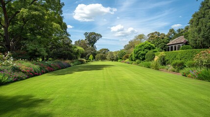 Fototapeta premium A sprawling, well-maintained lawn with neatly trimmed edges, surrounded by a picturesque garden and blooming flowers.
