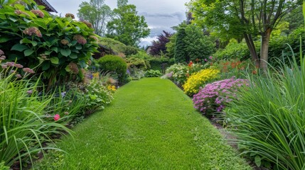 Obraz premium A sprawling, well-maintained lawn with neatly trimmed edges, surrounded by a picturesque garden and blooming flowers.