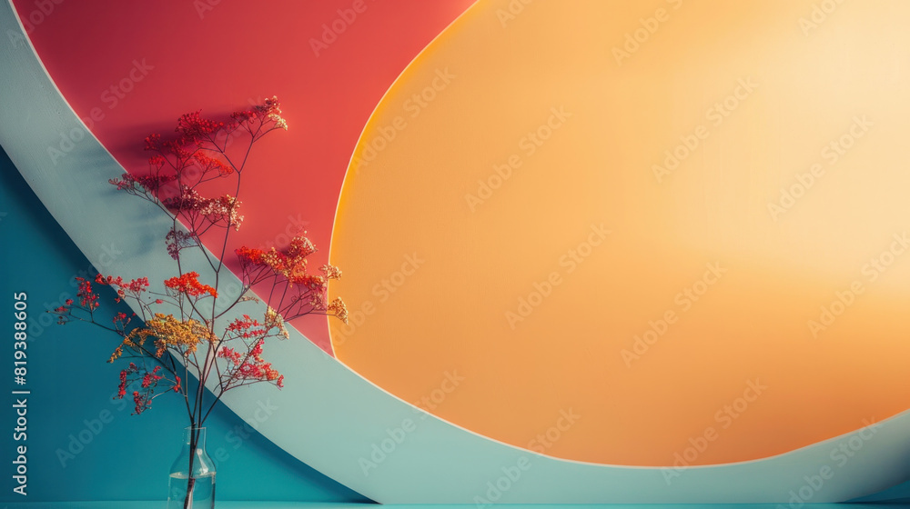 Poster a vase with a tree in it sits on a table. the table is surrounded by a colorful wall. the vase and t