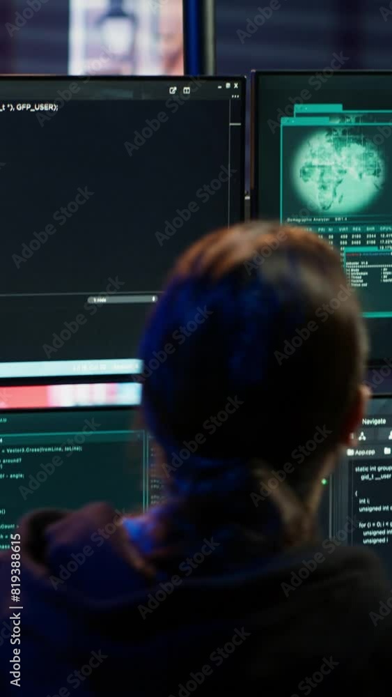 Poster vertical video hacker in hidden apartment trying to steal valuable data by targeting governmental we